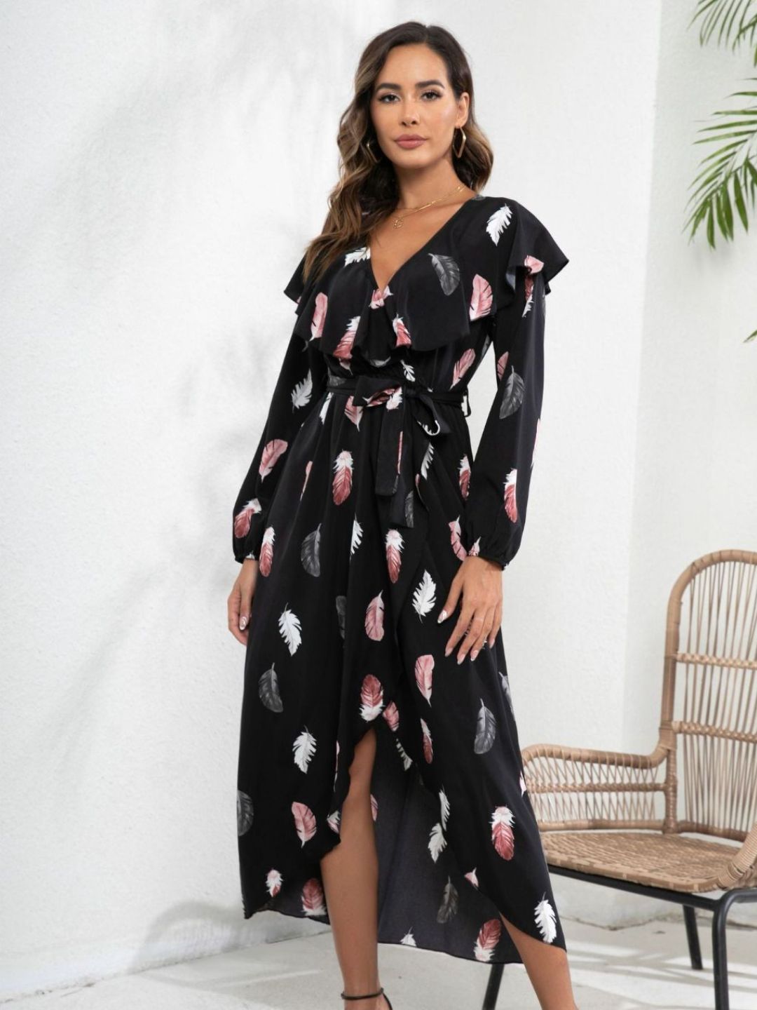 Black Feather Print Ruffle Collar Lantern Sleeve Wrap Dress