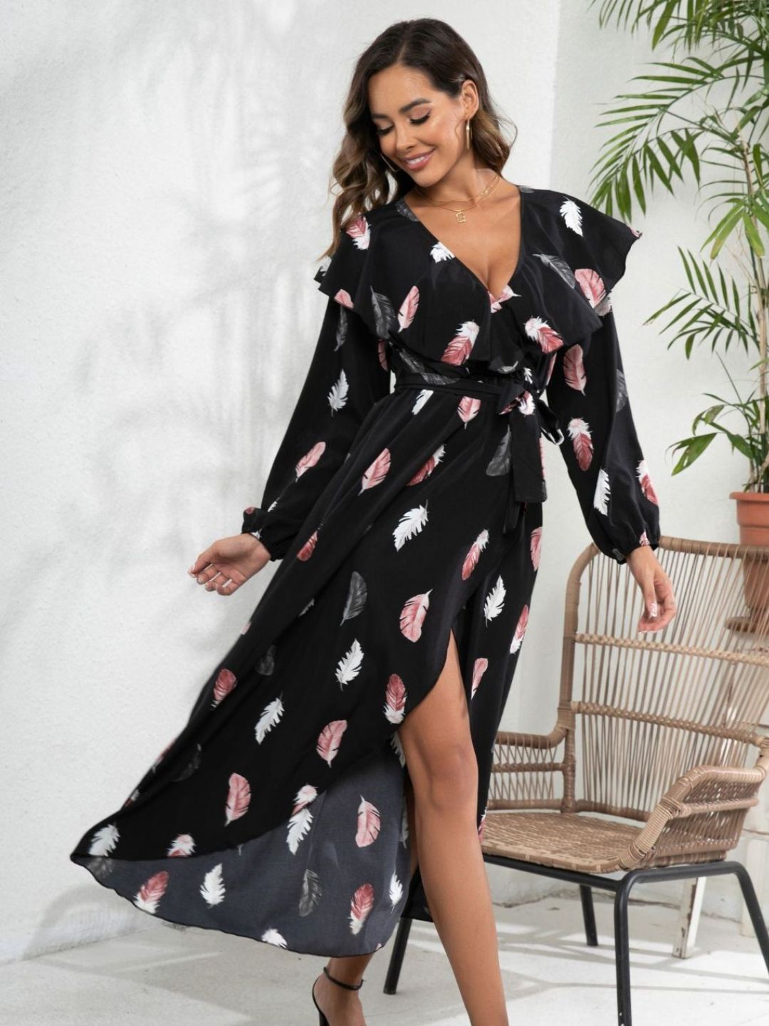 Black Feather Print Ruffle Collar Lantern Sleeve Wrap Dress