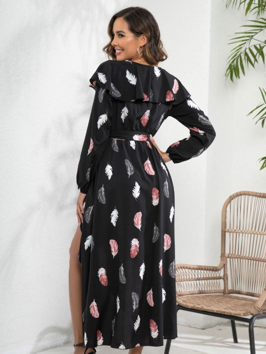 Black Feather Print Ruffle Collar Lantern Sleeve Wrap Dress