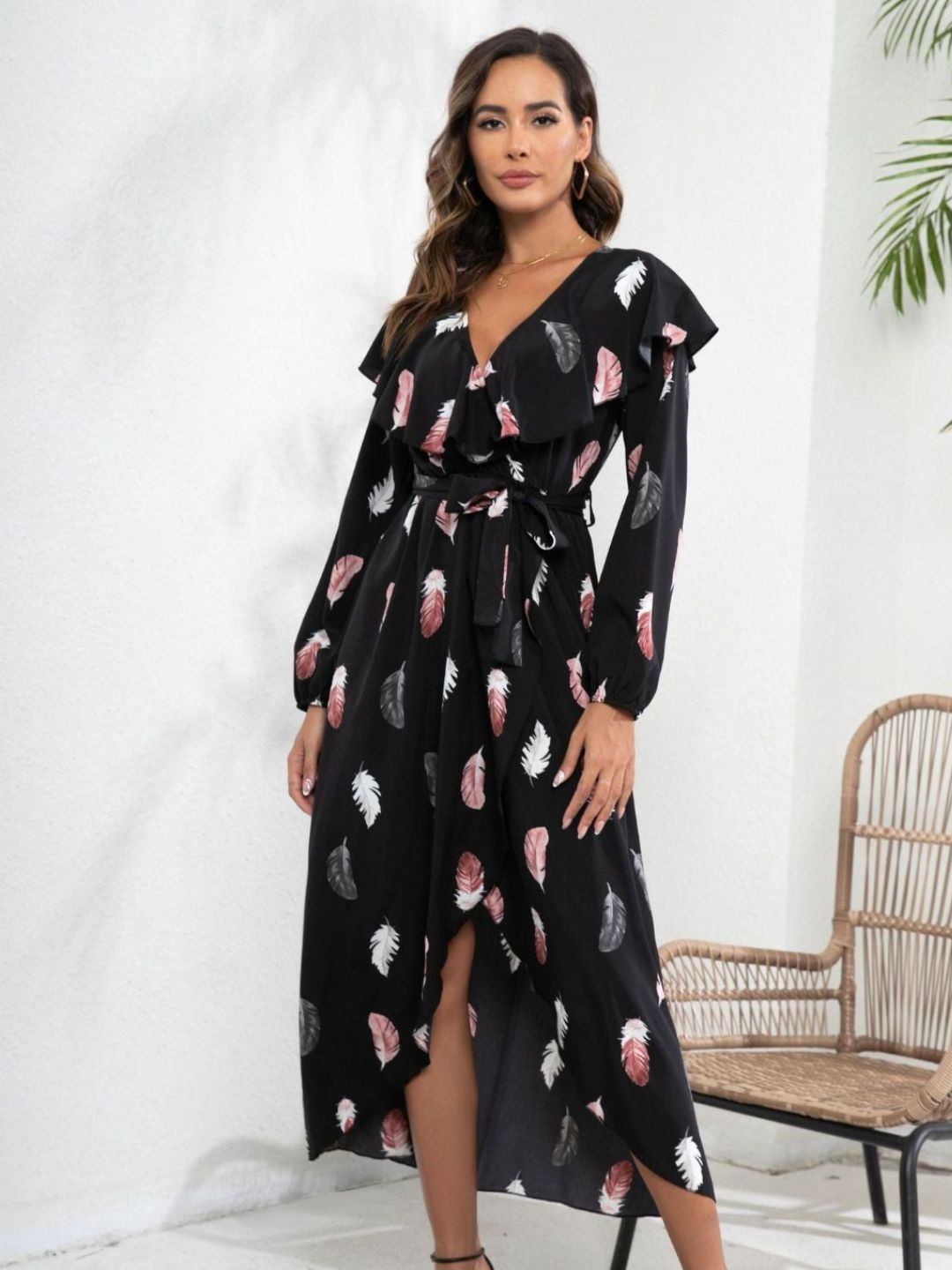 Black Feather Print Ruffle Collar Lantern Sleeve Wrap Dress