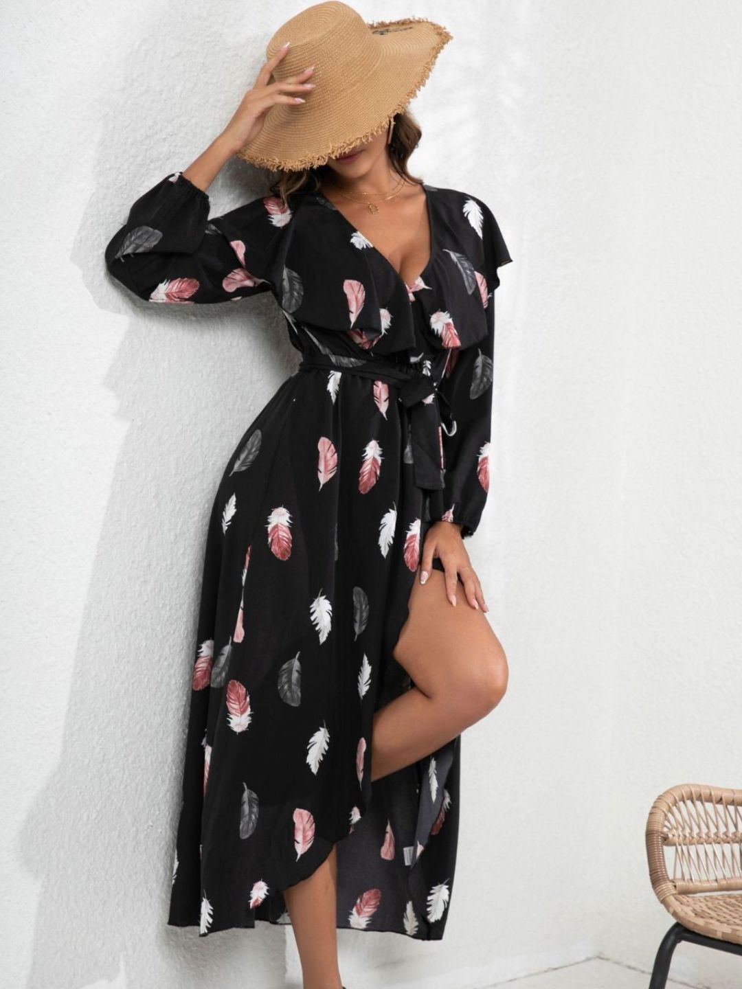 Black Feather Print Ruffle Collar Lantern Sleeve Wrap Dress