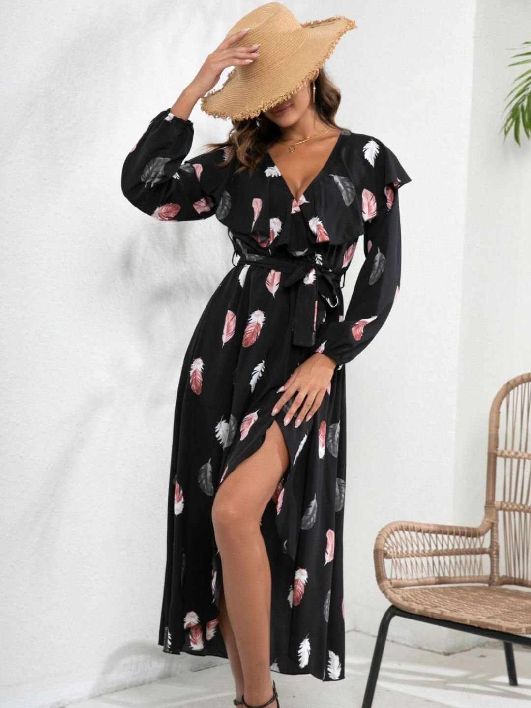 Black Feather Print Ruffle Collar Lantern Sleeve Wrap Dress