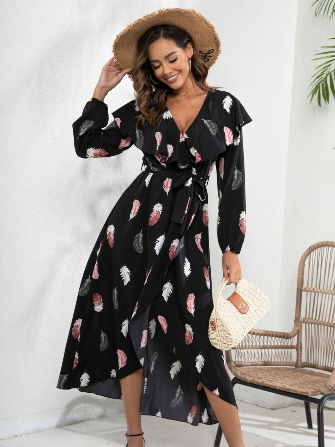 Black Feather Print Ruffle Collar Lantern Sleeve Wrap Dress