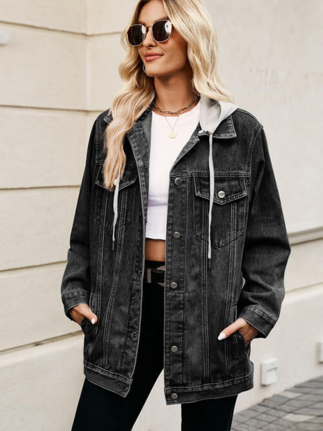 Oh Rare Hooded Long Sleeves Pockets Longline Denim Jacket
