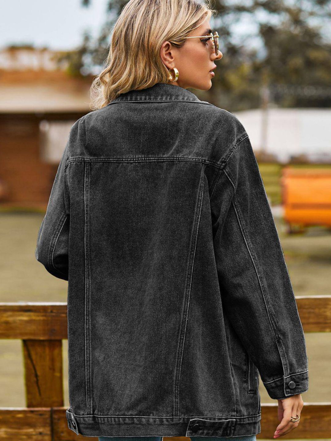 Oh Rare Hooded Long Sleeves Pockets Longline Denim Jacket