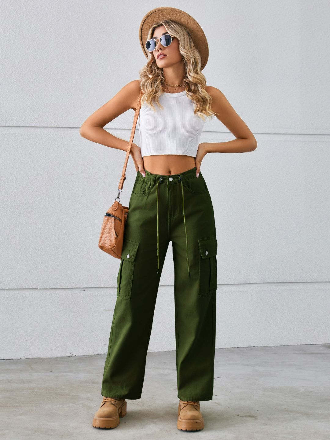 Oh Rare Women Mid-Rise Drawstring Adjustable Plain Cargo Pants