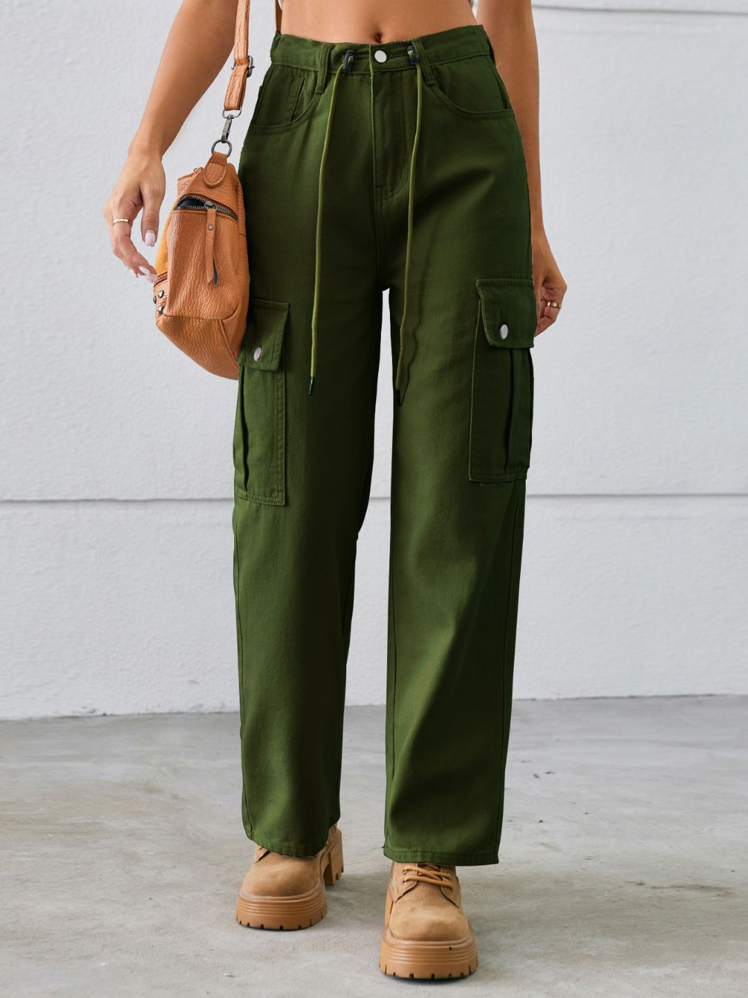 Oh Rare Women Mid-Rise Drawstring Adjustable Plain Cargo Pants