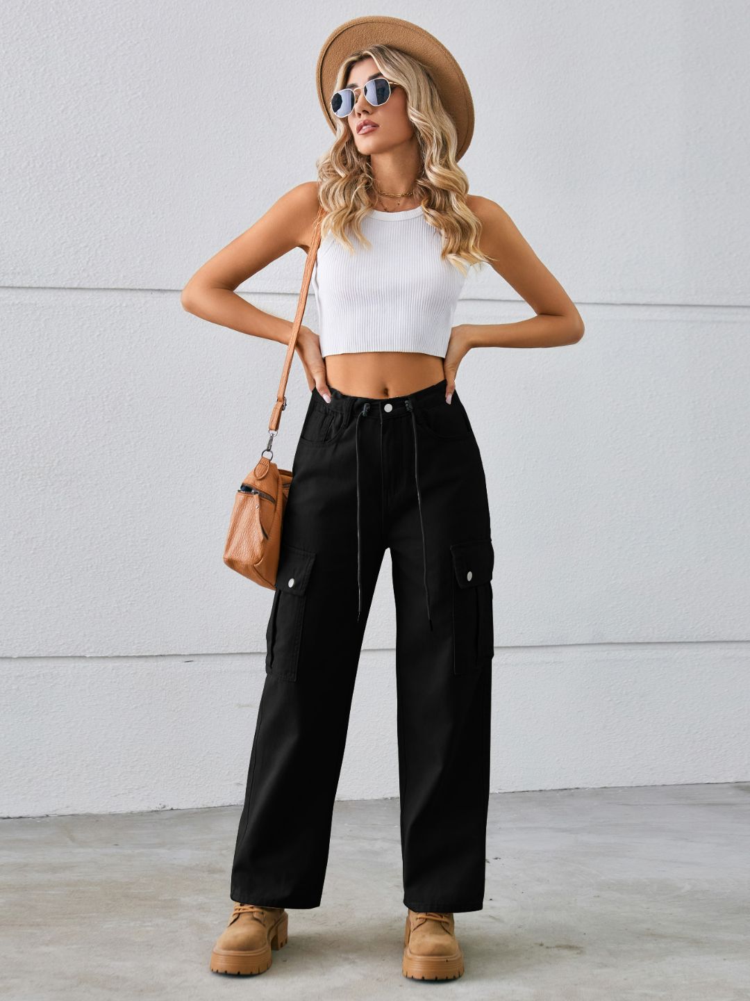 Oh Rare Women Mid-Rise Drawstring Adjustable Plain Cargo Pants