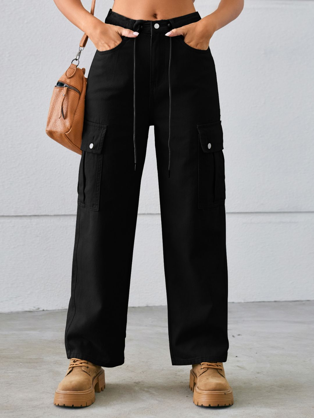 Oh Rare Women Mid-Rise Drawstring Adjustable Plain Cargo Pants