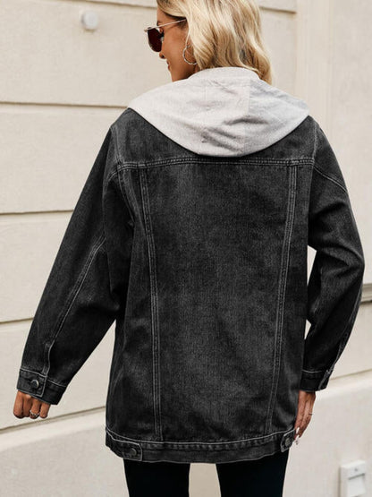 Oh Rare Hooded Long Sleeves Pockets Longline Denim Jacket