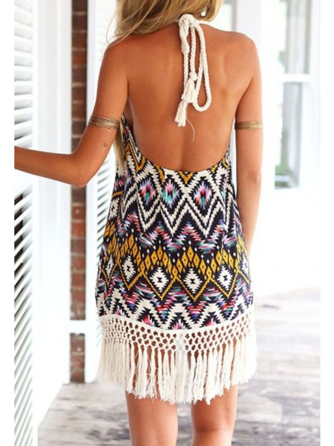 Oh Rare Multi Womens Diamond Print Halter Neck Backless Tassel Mini Dress