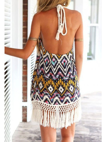 Oh Rare Multi Womens Diamond Print Halter Neck Backless Tassel Mini Dress