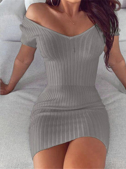 Oh Rare Womens V-Neck Solid Color Slim Mini Dress