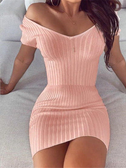 Oh Rare Womens V-Neck Solid Color Slim Mini Dress