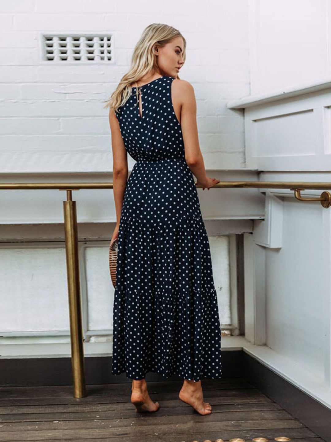 Oh Rare Womens Polka Dot Round Neck Long Maxi Dress