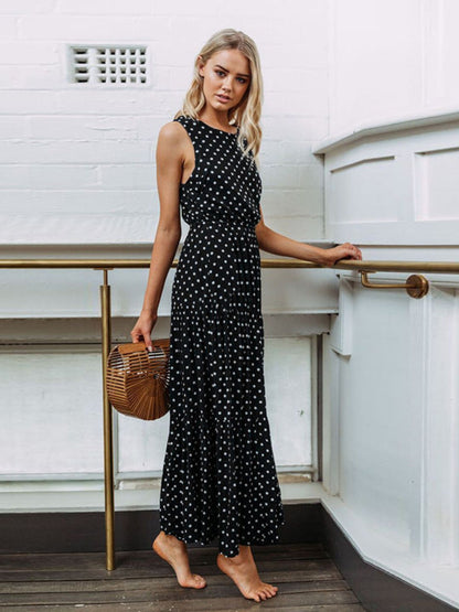 Oh Rare Womens Polka Dot Round Neck Long Maxi Dress