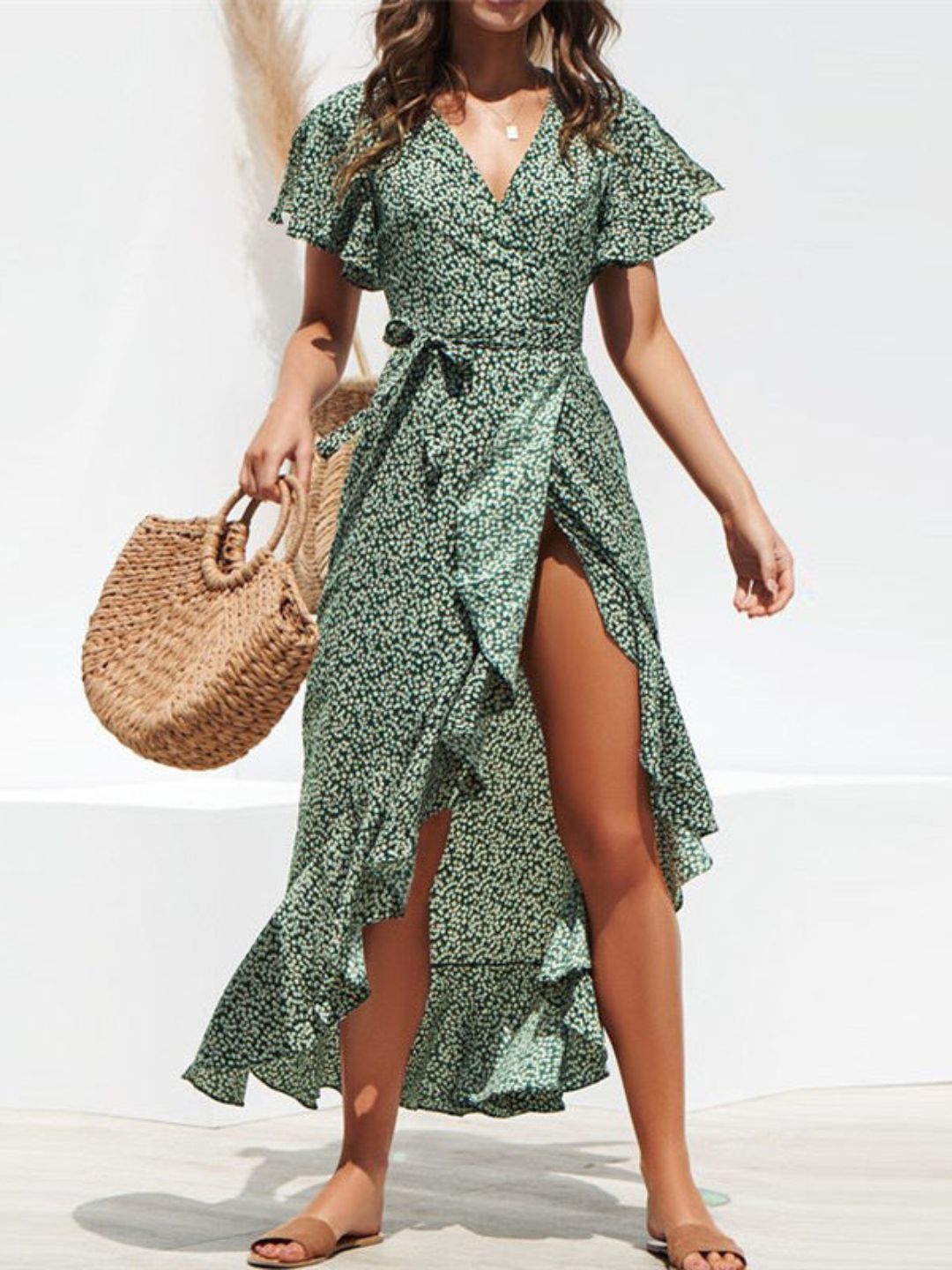 Oh Rare Womens V-Neck Strappy Chiffon Print Maxi Dress