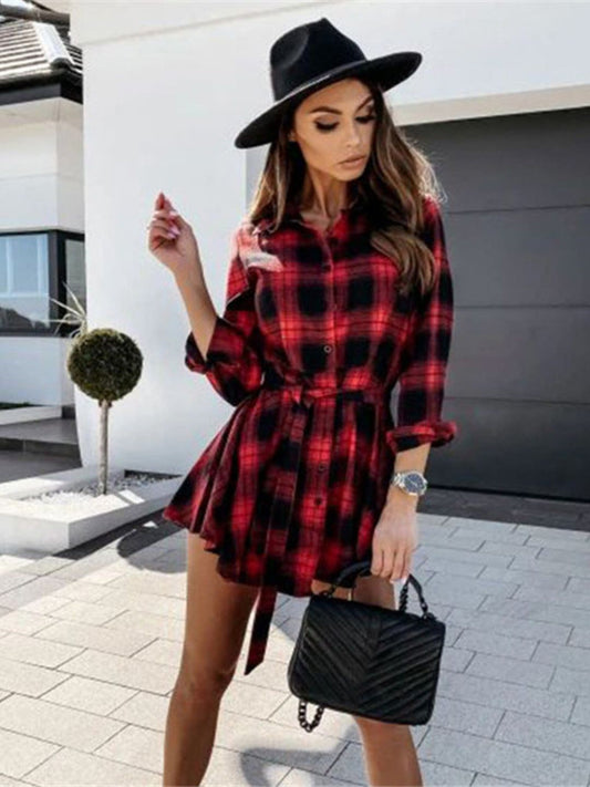 Oh Rare Womens Checks Shirt Plaid Mini Dress Red