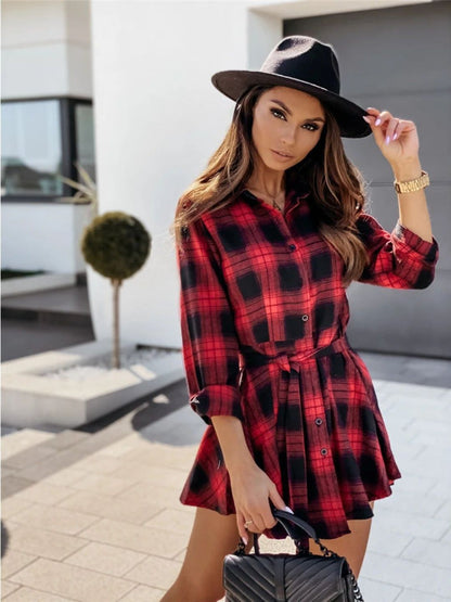 Oh Rare Womens Checks Shirt Plaid Mini Dress Red