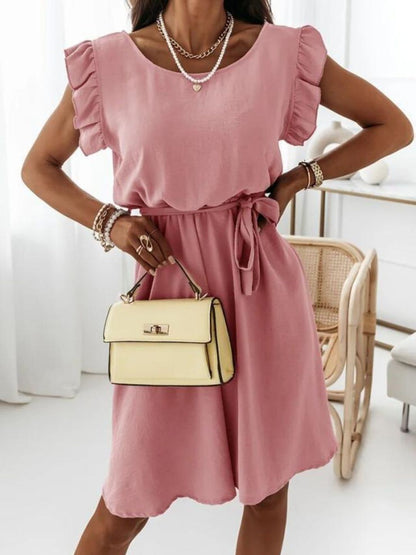 Flutter Sleeve Belted A-Line Dress