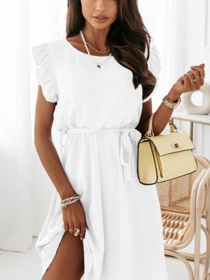 Flutter Sleeve Belted A-Line Dress