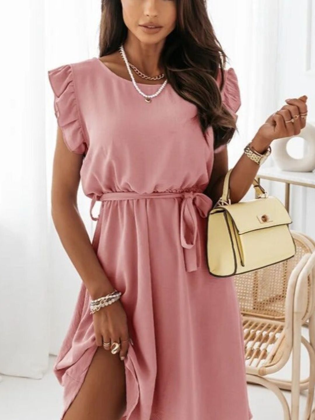 Flutter Sleeve Belted A-Line Dress