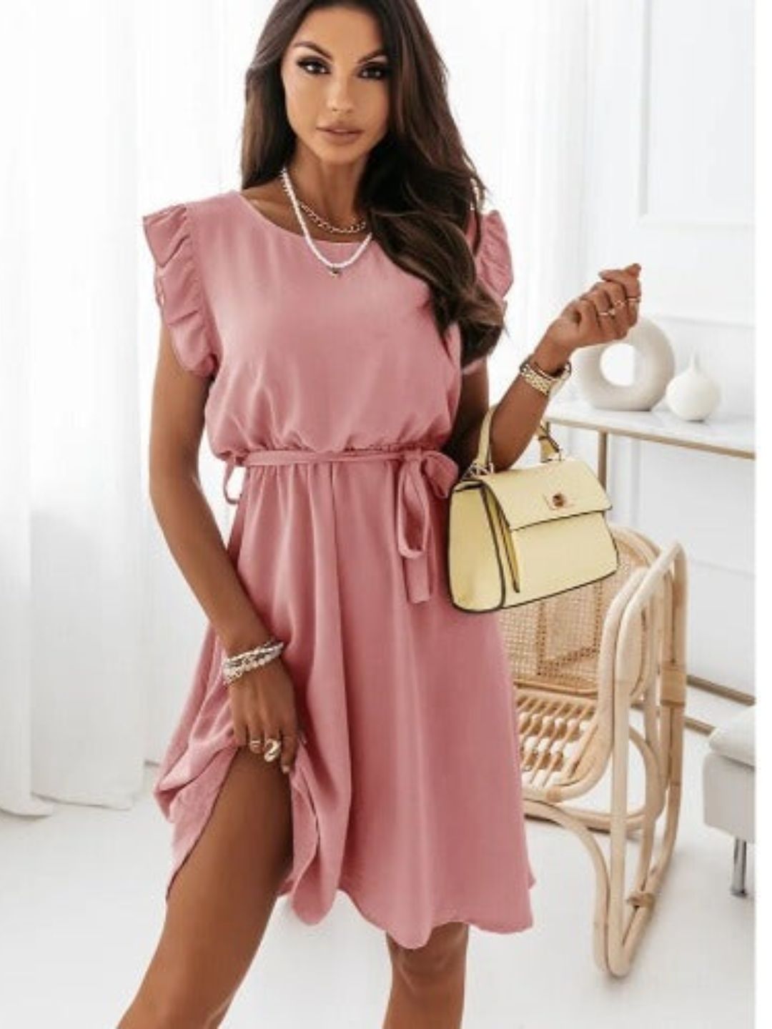 Flutter Sleeve Belted A-Line Dress