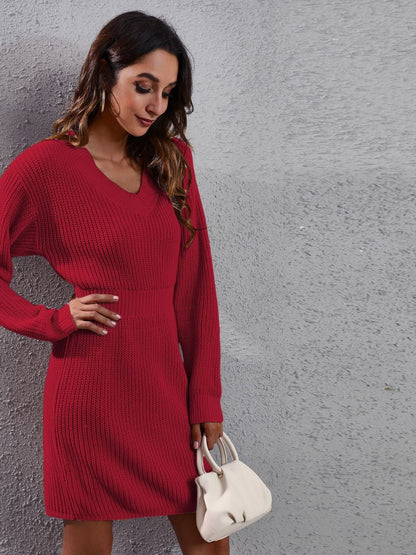 Oh Rare Womens V-Neck Long Sleeves Waisted Sweater Dress