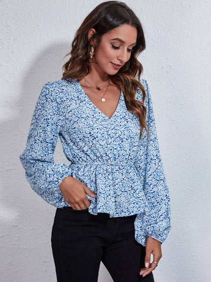 Oh Rare Blue Printed Balloon Sleeve V-Neck Casual Top