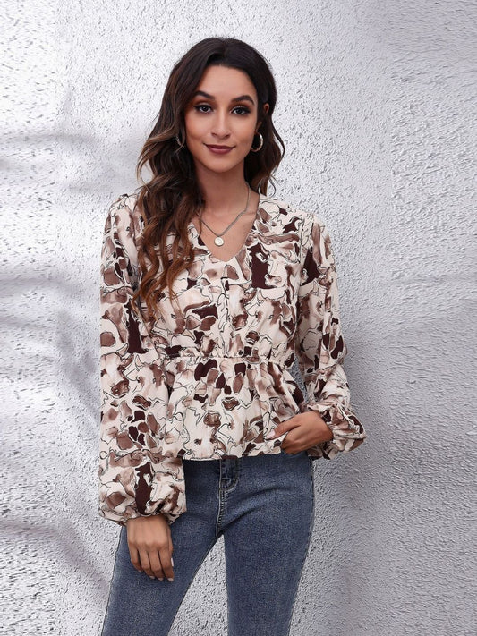 Oh Rare Brown Printed Balloon Sleeve V-Neck Casual Top