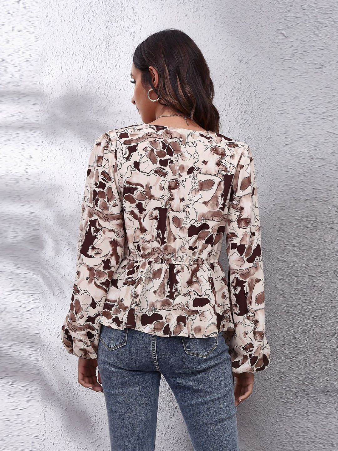 Oh Rare Brown Printed Balloon Sleeve V-Neck Casual Top