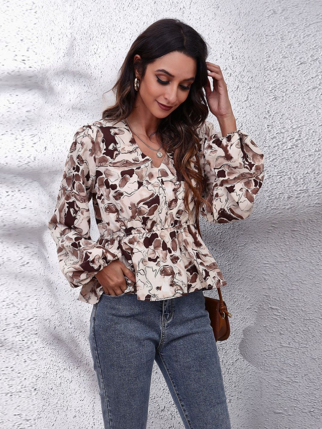 Oh Rare Brown Printed Balloon Sleeve V-Neck Casual Top