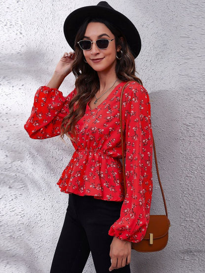 Oh Rare Red Floral Print Balloon Sleeve V-Neck Casual Top