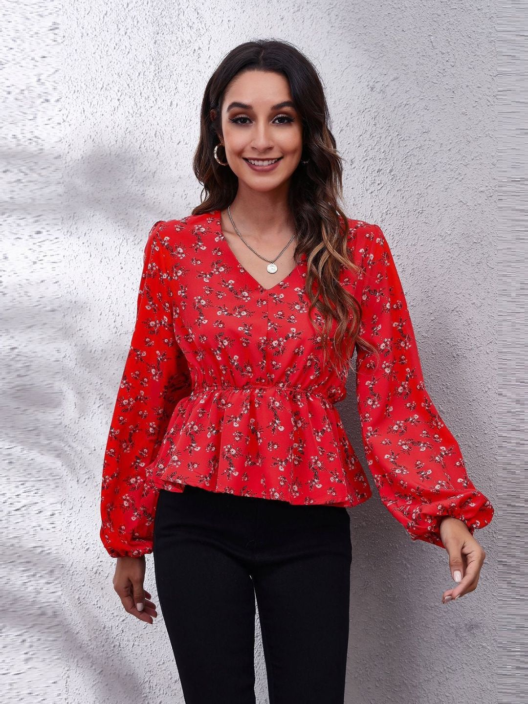 Oh Rare Red Floral Print Balloon Sleeve V-Neck Casual Top