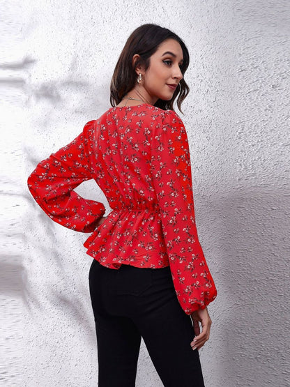 Oh Rare Red Floral Print Balloon Sleeve V-Neck Casual Top