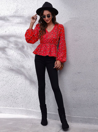 Oh Rare Red Floral Print Balloon Sleeve V-Neck Casual Top