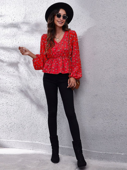 Oh Rare Red Floral Print Balloon Sleeve V-Neck Casual Top