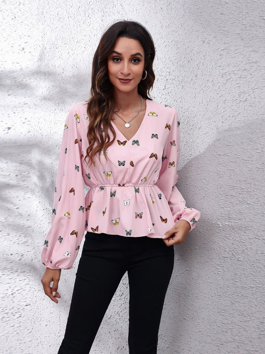 Oh Rare Pink Balloon Sleeve V-Neck Casual Top