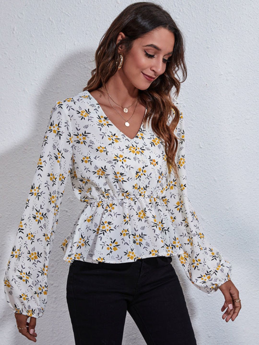 Oh Rare Multi  Floral Print Balloon Sleeve V-Neck Casual Top