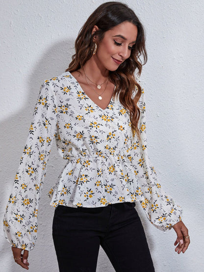 Oh Rare Multi  Floral Print Balloon Sleeve V-Neck Casual Top