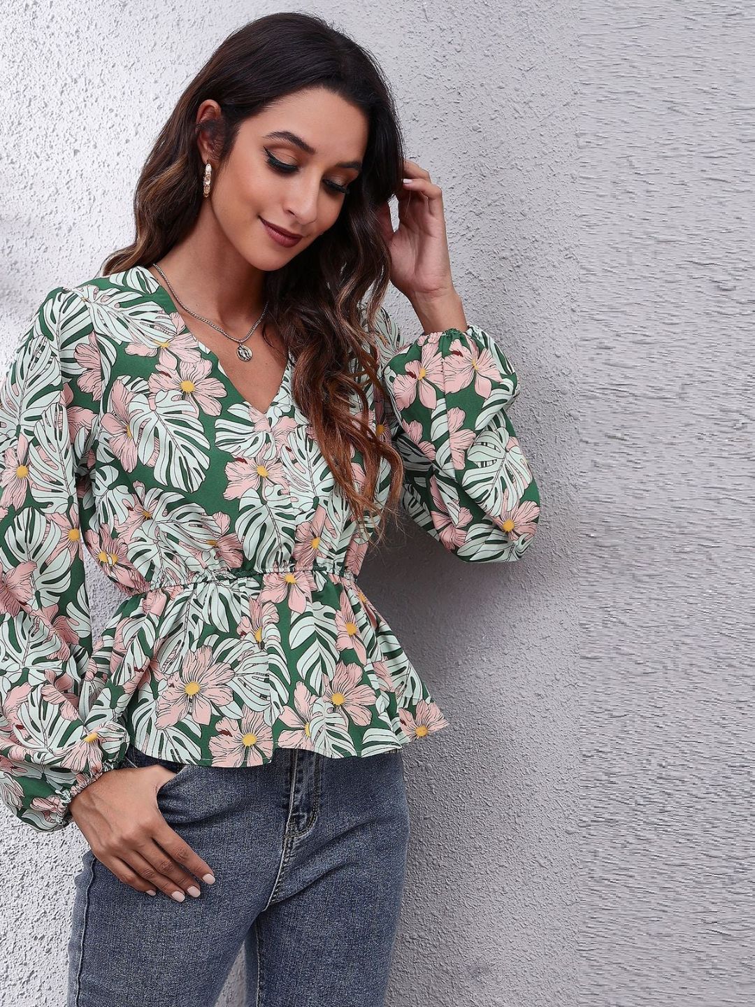 Oh Rare Multi Floral Print Balloon Sleeve V-Neck Casual Top