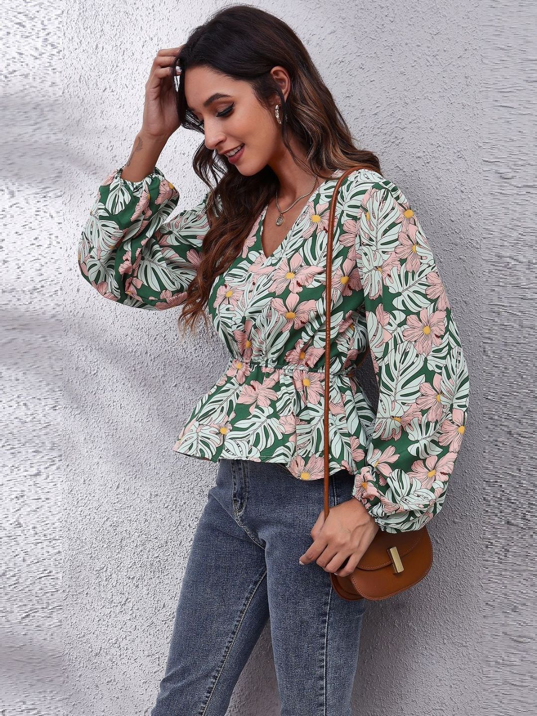 Oh Rare Multi Floral Print Balloon Sleeve V-Neck Casual Top