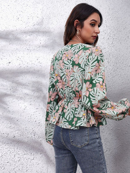 Oh Rare Multi Floral Print Balloon Sleeve V-Neck Casual Top