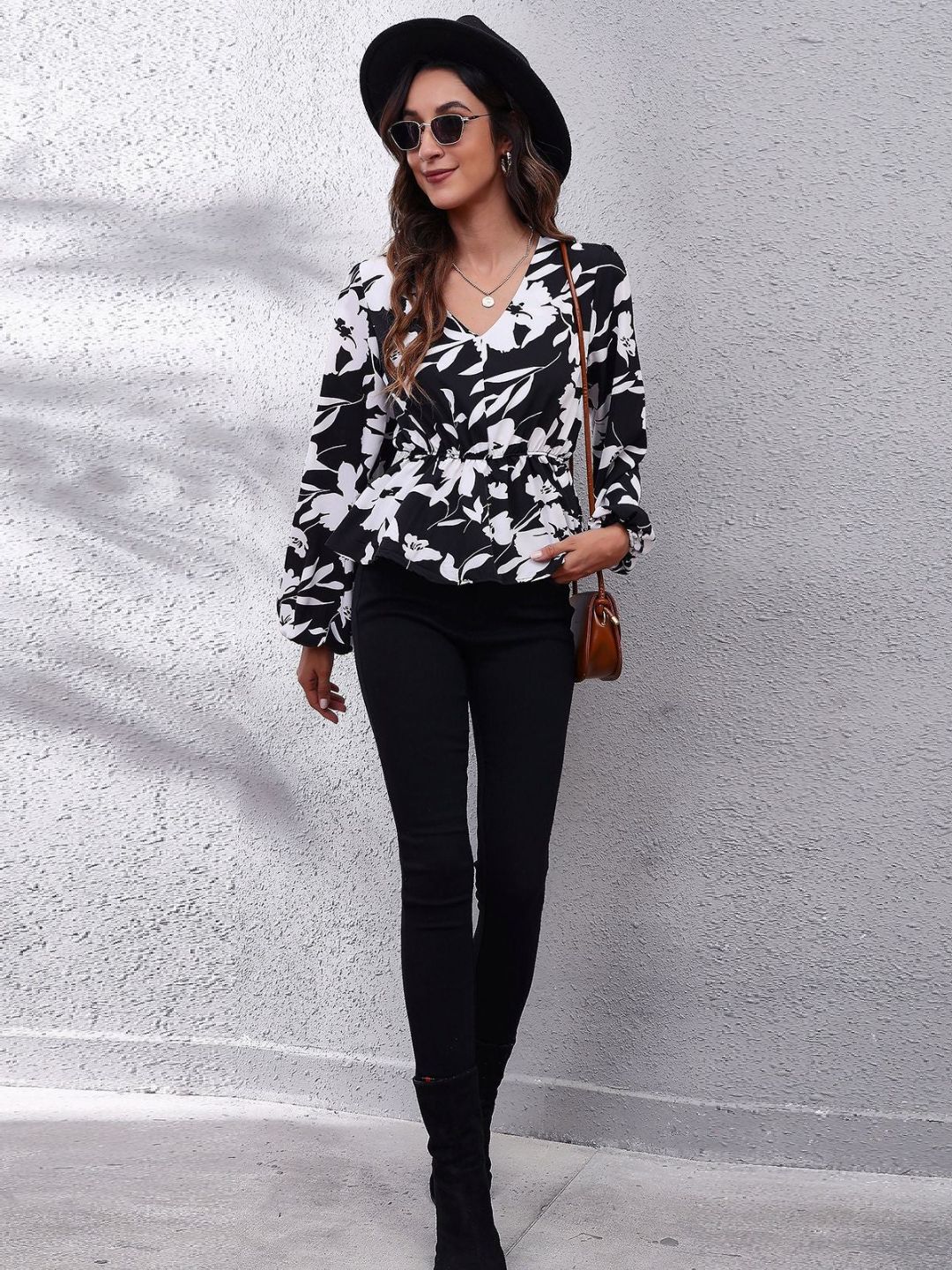 Oh Rare Black Floral Print Balloon Sleeve V-Neck Casual Top