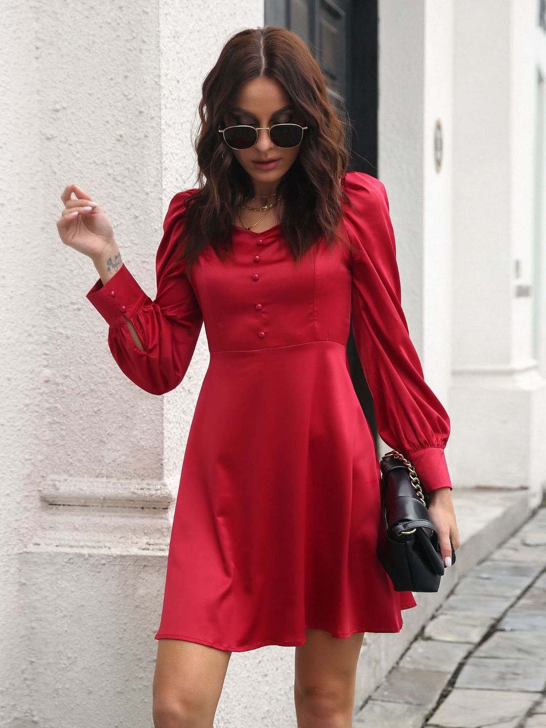 Oh Rare Satin Love Collar French Long Sleeves Dress