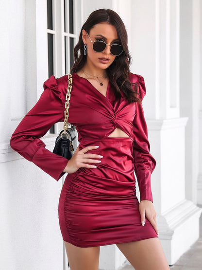 Puff Sleeves Cut-Out Detail Satin Bodycon Dress