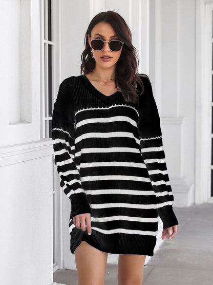 Oh Rare Womens Striped V-Neck Long Sleeves Sweater Dress