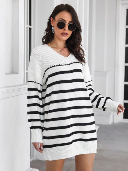 Oh Rare Womens Striped V-Neck Long Sleeves Sweater Dress