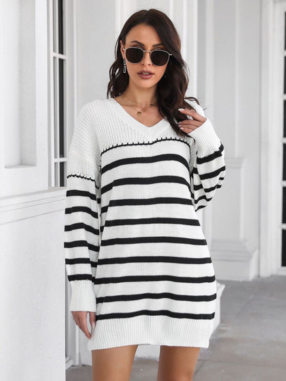 Oh Rare Womens Striped V-Neck Long Sleeves Sweater Dress