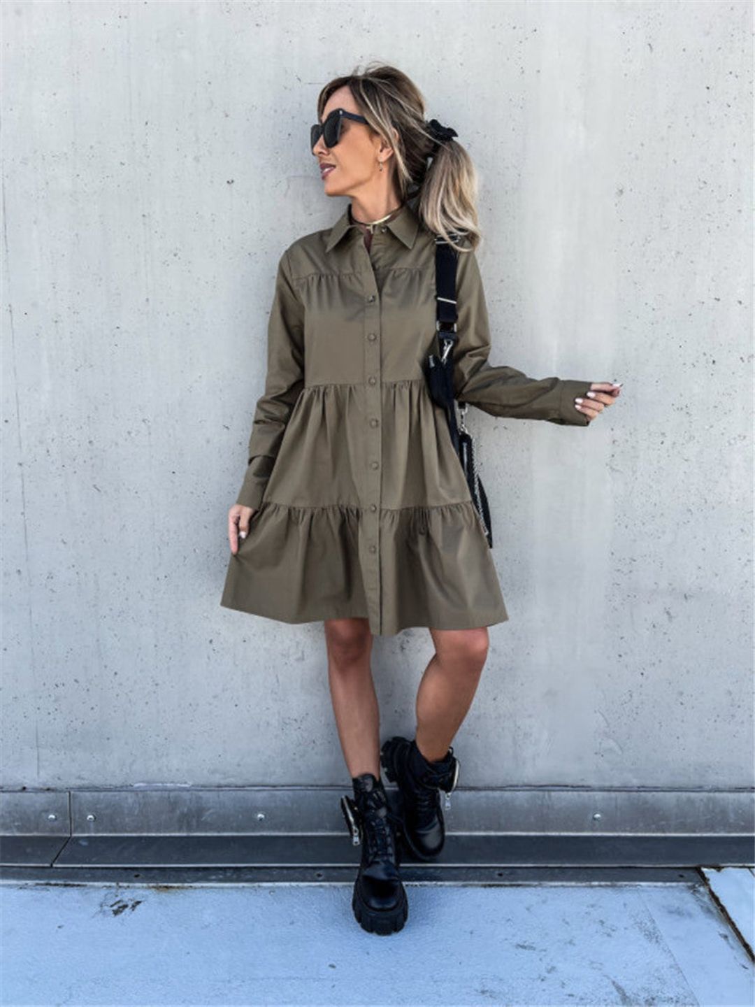 Oh Rare Womens Lapel Loose Shirt Mini Dress